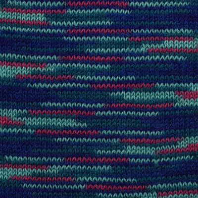 Close-up of a knitted fabric with blue and pink stripes using Hamanaka KORPOKKUR Multi-Colour Yarn