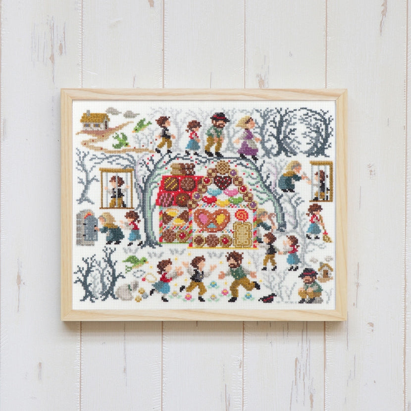 Olympus Hansel and Gretel cross stitch kit containing premium embroidery floss, Aida cloth, and a detailed Japanese-designed pattern chart