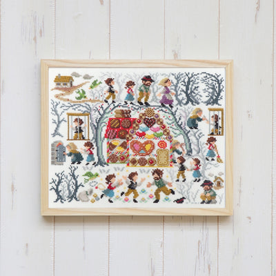 Olympus Hansel and Gretel cross stitch kit containing premium embroidery floss, Aida cloth, and a detailed Japanese-designed pattern chart