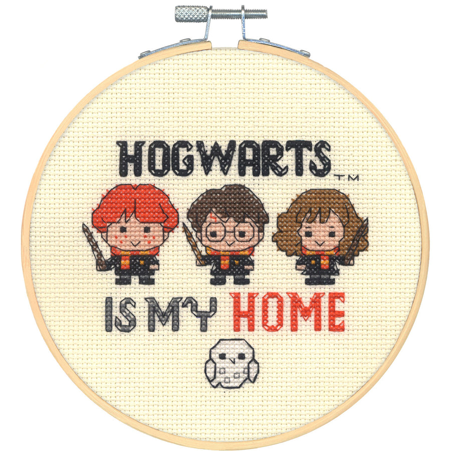 Cross-stitched design with characters and 'Hogwarts is my home' text in a wooden hoop.

Wizard School Cross Stitch Kit, Hogwarts is My Home Needlework,