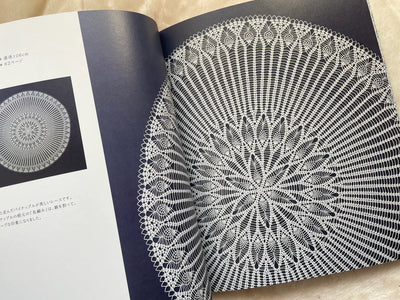 Open copy of the Japanese Crochet Lace book sitting on a wooden table next to a crochet hook and fine cotton yarn