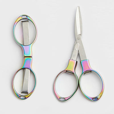 KnitPro Rainbow Folding Scissors showing the brilliant iridescent metal finish and the compact folded position