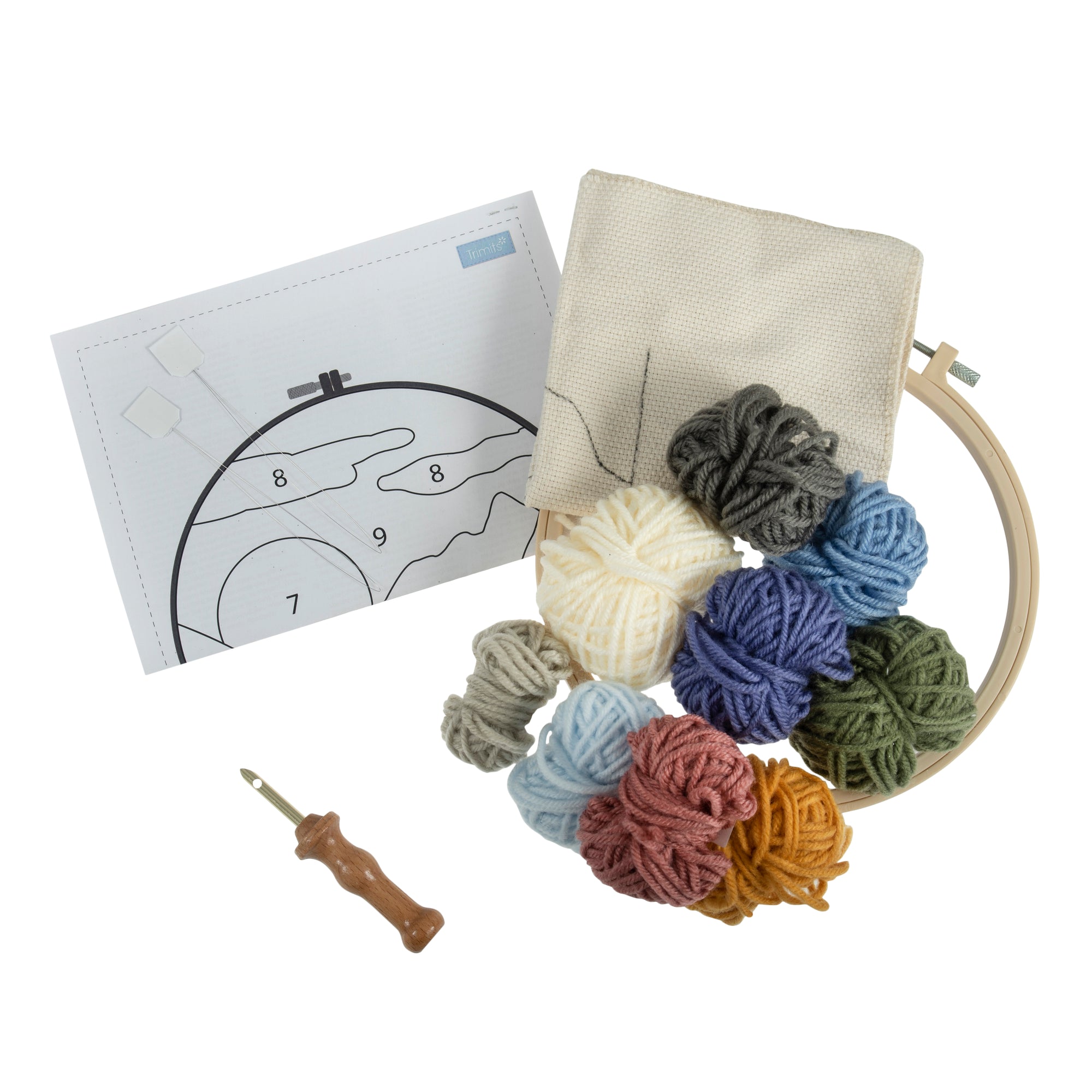 materials inside "Landscape" Punch Needle Kit By Trimits with punch needle and hoop