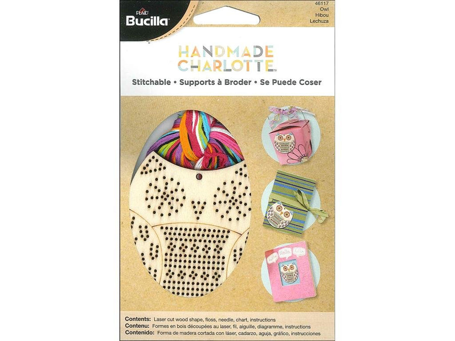 Packaging for Bucilla Handmade Charlotte~ Owl craft kit, featuring the laser cut wood owl shape, colorful embroidery threads, and the product name displayed on the front.
Bucilla Laser Cut Wood Owl, Wooden Cross Stitch Kit, DIY Wood Ornament Stitching