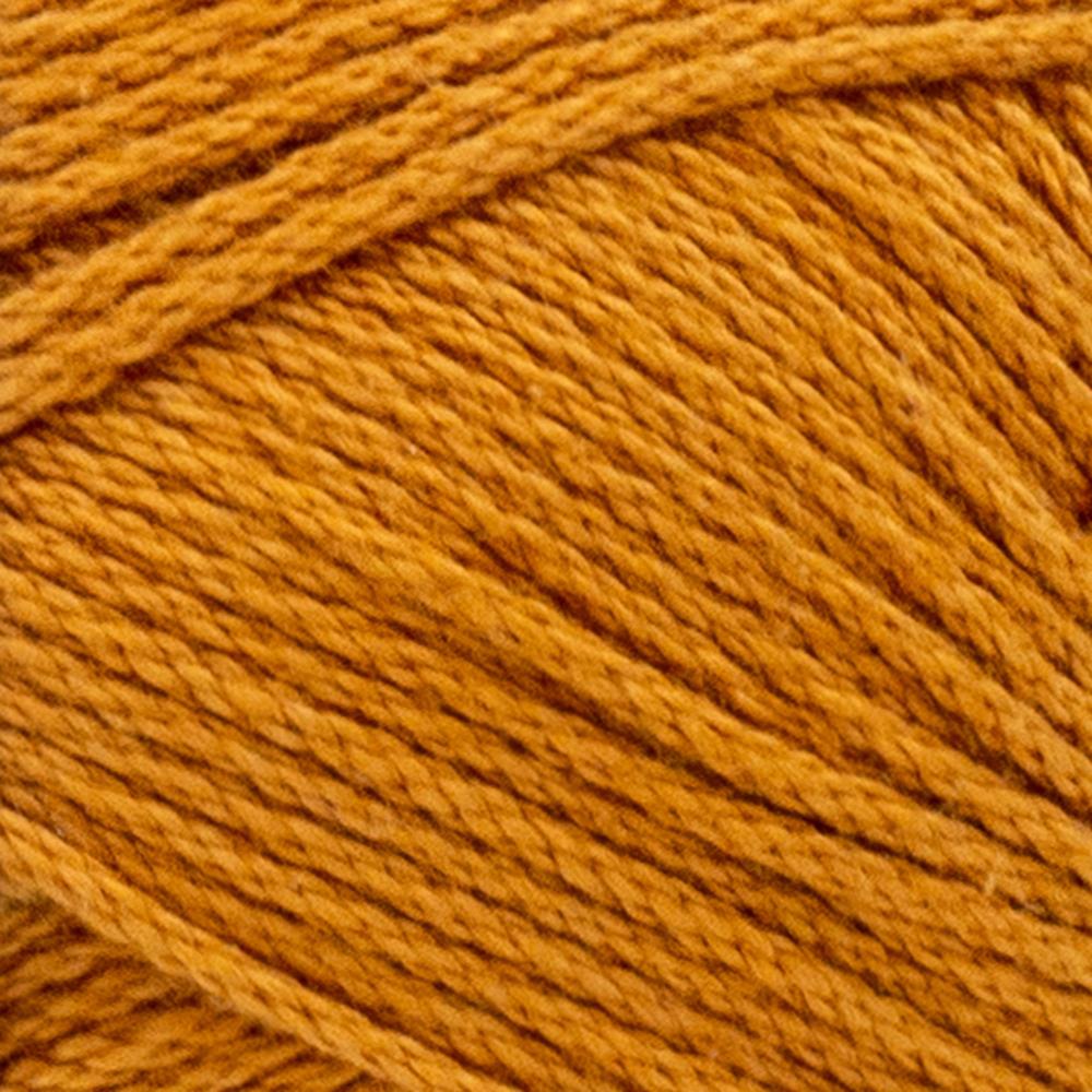 A skein of Lion Brand 24/7 Cotton yarn, highlighting the shiny mercerized finish and tightly plied 100% cotton texture in Amber colour