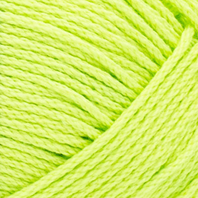 Close-up of 24/7 Cotton yarn by Lion Brand, showing the smooth, cord-like structure that provides excellent stitch definition for crochet and knitting in Lime green colour