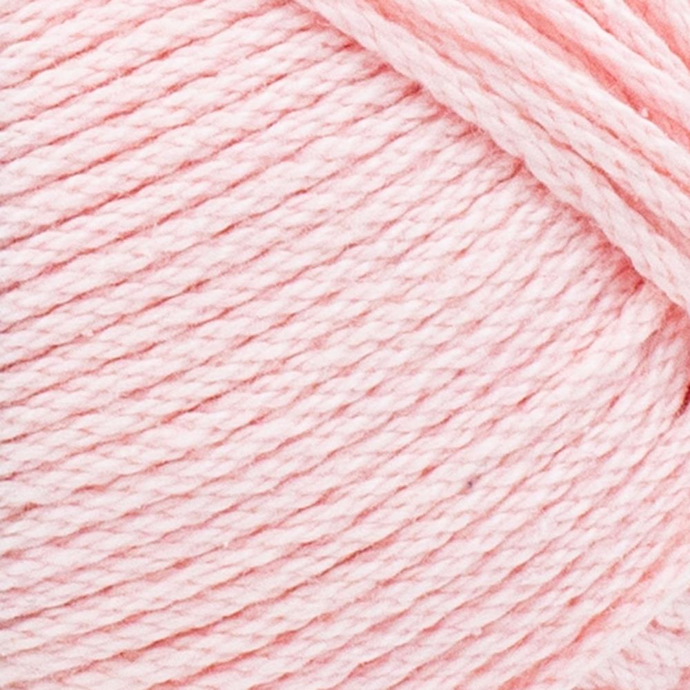 A skein of Lion Brand 24/7 Cotton yarn, highlighting the shiny mercerized finish and tightly plied 100% cotton texture in Pink Lemonade colour