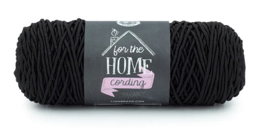 A versatile skein of Lion Brand Cording Yarn, ideal for crocheting and knitting sturdy home items like storage baskets, floor poufs, plant hangers, and decorative placemats.