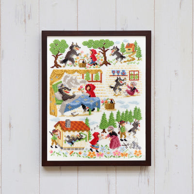 Olympus Little Red riding Hood cross stitch kit containing premium embroidery floss, Aida cloth, and a detailed Japanese-designed pattern chart