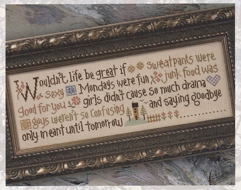 Lizzie Kate 'Wouldn't Life Be Great' cross stitch chart booklet featuring a colorful folk-art design and an inspirational quote.
Decorative cross-stitched piece with text and a framed design on a textured background.
