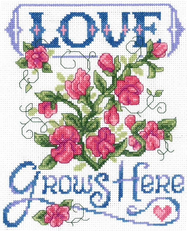 A cross stitch depiction of a floral design with the phrase 'Love Grows Here' and a series of numbers, likely representing the stitch count.
