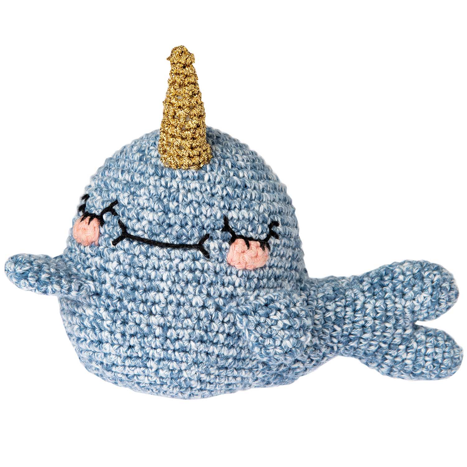 Official Ricorumi Narwhal Crochet Kit packaging featuring a whimsical blue crocheted narwhal with a golden spiraled horn and a sweet smiling face. A crochet narwhal kit, featuring a blue body with a happy facial expression, a unicorn horn, and pink inner ears.