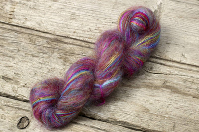 Hand-dyed Cabrito lace yarn by Manos del Uruguay, 80% kid mohair and 20% polyamide blend for luxury knitting.