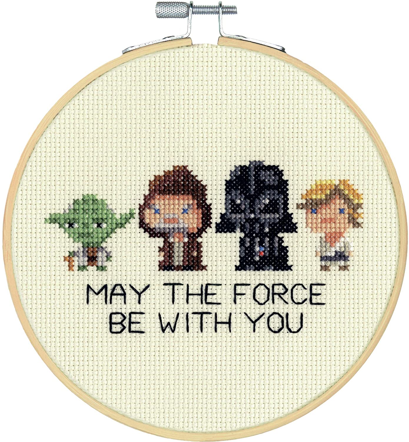 Cross-stitched design with characters from a popular franchise and 'May the Force Be With You' text in a wooden hoop.