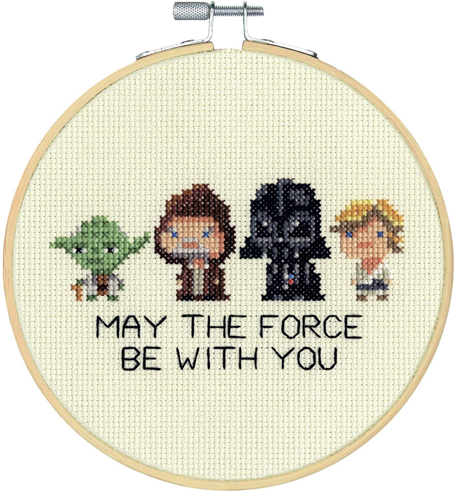 Cross-stitched design with characters from a popular franchise and 'May the Force Be With You' text in a wooden hoop.