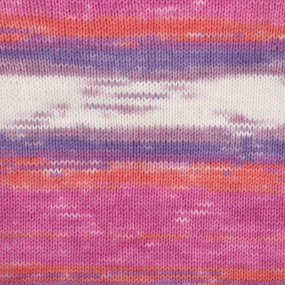 Close-up of a fabric with pink, purple, and white striped pattern. Knitted with PREMIER Hipster®  100% cotton yarn.