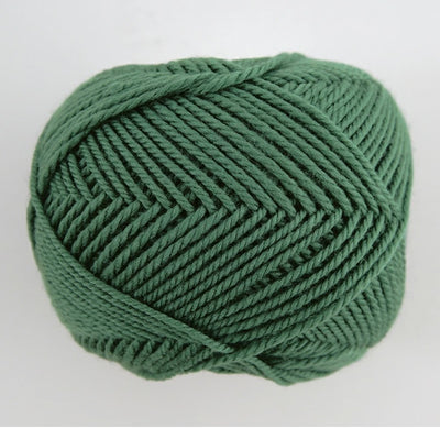 A 30g donut-style ball of Pierrot Fine Merino yarn. The image showcases the smooth, tightly spun plies of 100% Extra Fine Merino wool, reflecting the high-quality Japanese craftsmanship and the soft, matte finish characteristic of premium boutique yarns in ivy green colour