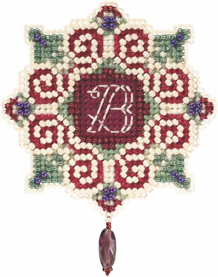 "A professional-grade counted cross-stitch kit by Mill Hill titled 'Winter Holidays Christmas Letter.' The high-definition holiday design features an intricate alphabet letter embellished with vibrant Mill Hill glass beads and a specialized holiday treasure charm.