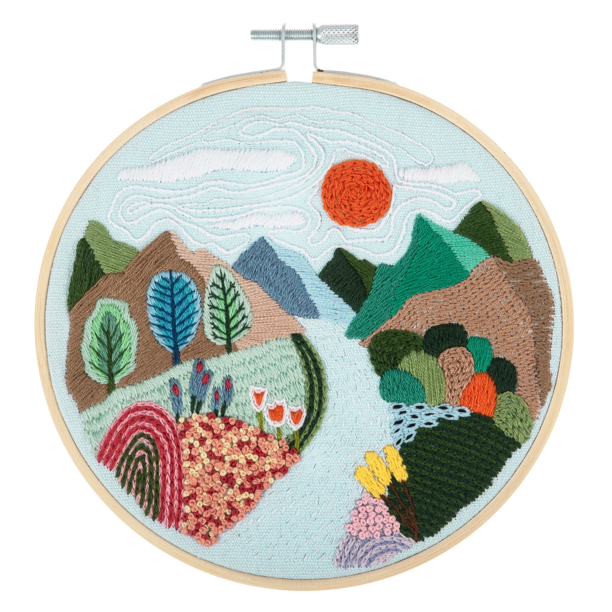 This mountain-themed full embroidery kit is a complete DIY hand-stitching set designed for beginners or hobbyists, featuring a pre-printed scenic design of mountains, often accompanied by elements like trees, rivers, or stars. These kits are aimed at creating modern landscape wall art, with the printed fabric making it easy to follow the pattern