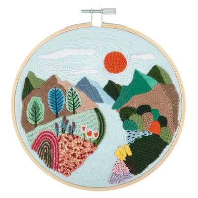 This mountain-themed full embroidery kit is a complete DIY hand-stitching set designed for beginners or hobbyists, featuring a pre-printed scenic design of mountains, often accompanied by elements like trees, rivers, or stars. These kits are aimed at creating modern landscape wall art, with the printed fabric making it easy to follow the pattern