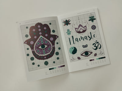 Two cross-stitch pattern sheets on a white background with the word namaste