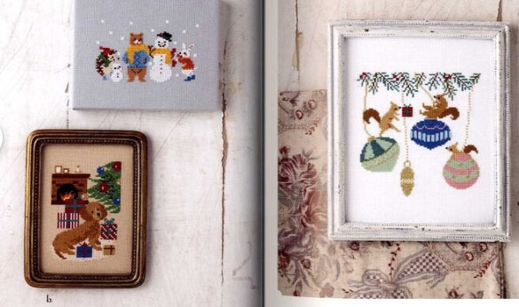 A preview of various motifs from the book, including Nordic snowflakes, children singing hymns, and festive shopfronts
