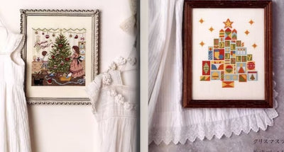 A preview of various motifs from the book, including setting up a Christmas tree and a design with Christmas tree motif.