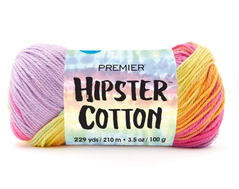 Ball of yarn with 'Premier Hipster Cotton' label on a white background