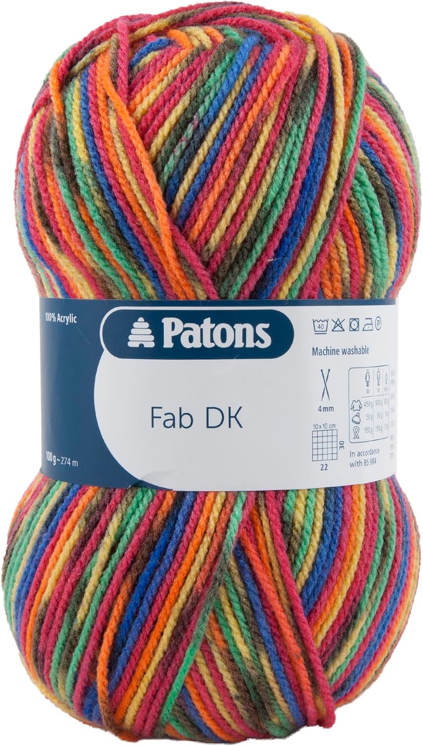Multicolored skein of yarn with Patons label on a white background