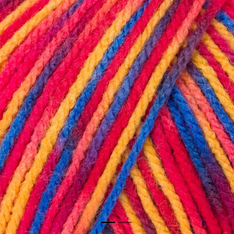 A collection of Patons Fab DK acrylic yarn; an affordable and soft 100% acrylic yarn ideal for colorful crochet blankets and everyday knitwear