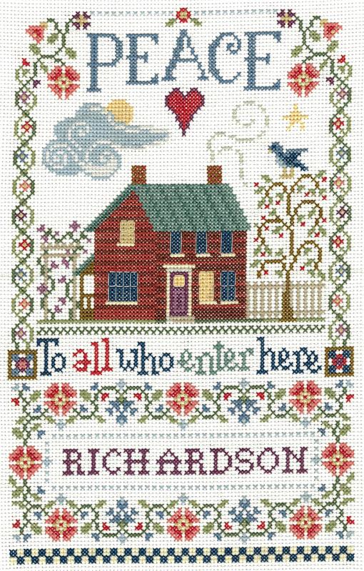 A complete "Peace to All" cross stitch sampler kit, featuring a traditional folk-art design with symmetrical motifs, premium embroidery threads, and high-quality fabric.