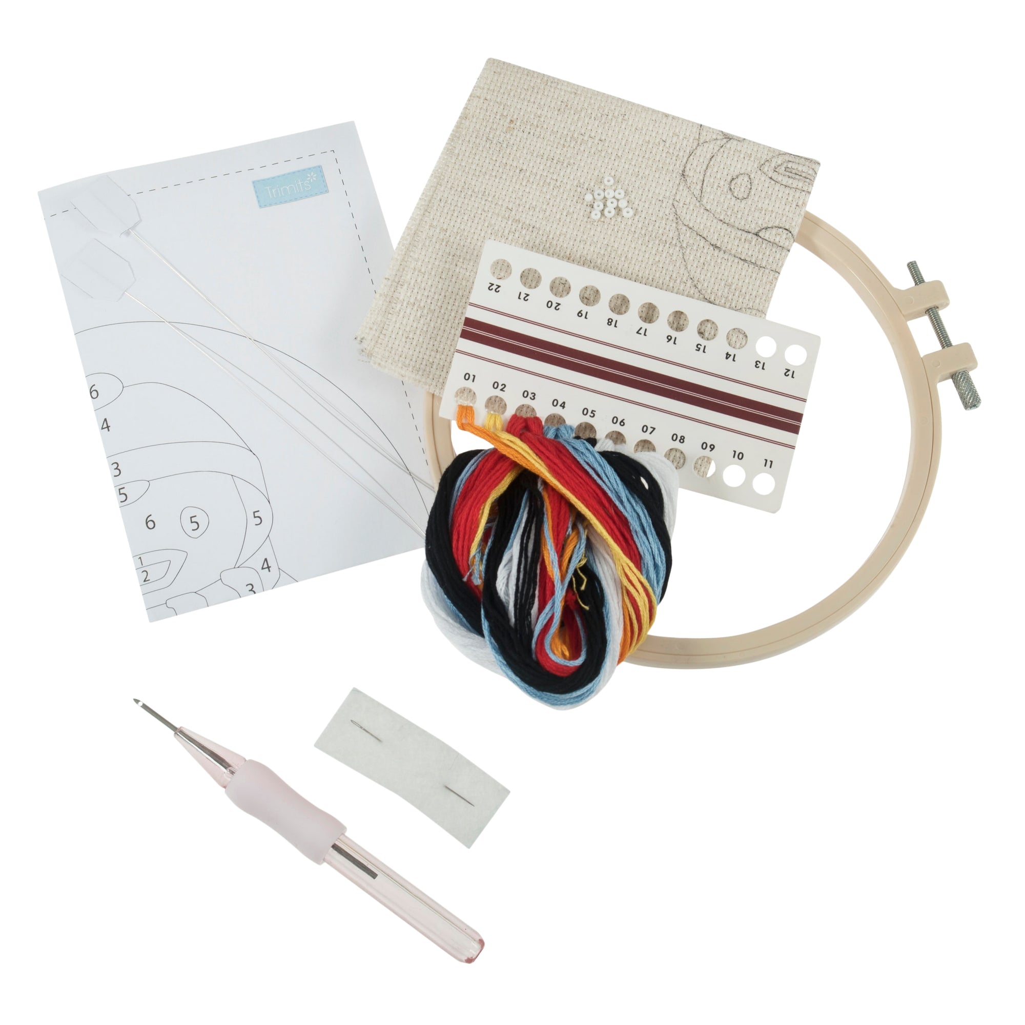 materials inside "Penguin" Punch Needle Kit By Trimits including hoop and punch needle
