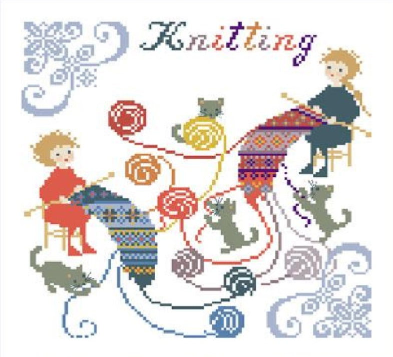 A cross stitch kit depiction of knitting with colorful scarves and balls of yarn, surrounded by cats.