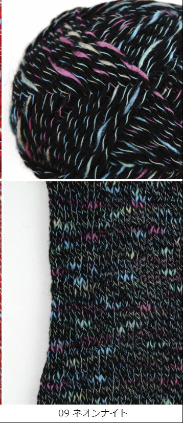 Red yarn ball with Black multicolor speckles and close-up of yarn texture.