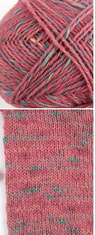 Ball of pink yarn with a knitted sample below