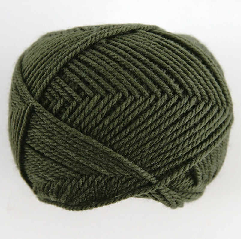 Close-up of premium Japanese Pierrot Fine Merino wool, showcasing the smooth, anti-pilling texture and fine weight suitable for intricate knitting in olive green colour
