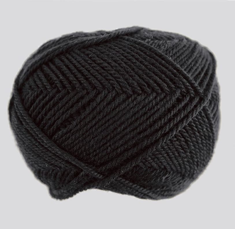 A 30g donut-style ball of Pierrot Fine Merino yarn. The image showcases the smooth, tightly spun plies of 100% Extra Fine Merino wool, reflecting the high-quality Japanese craftsmanship and the soft, matte finish characteristic of premium boutique yarns in black