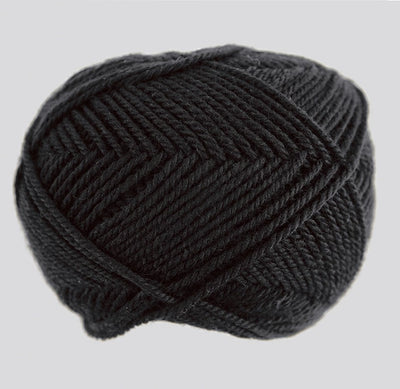 A 30g donut-style ball of Pierrot Fine Merino yarn. The image showcases the smooth, tightly spun plies of 100% Extra Fine Merino wool, reflecting the high-quality Japanese craftsmanship and the soft, matte finish characteristic of premium boutique yarns in black