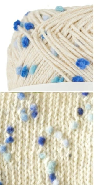 Pierrot Framboise Yarn, Japanese Lace Weight Yarn
Close-up of beige yarn with various blue hues little pompom showing texture and knitting fabric. cotton yarn Made in Japan. great for knitting summer wearables
