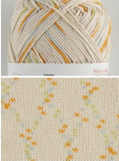 A 40g ball of Pierrot Little Fun 100% Cotton in a cream base with rhythmic orange and spring green 'Kasuri' dots. A display of Pierrot Little Fun colorways, featuring earth tones and traditional and traditional autumn shades