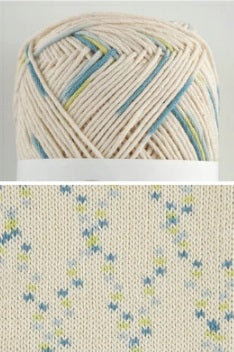 A 40g ball of Pierrot Little Fun 100% Cotton in a cream base with rhythmic navy and light green 'Kasuri' dots. Macro shot of the knitted fabric made from Little Fun yarn, showing the unique 'dancing dot' effect and crisp stitch definition