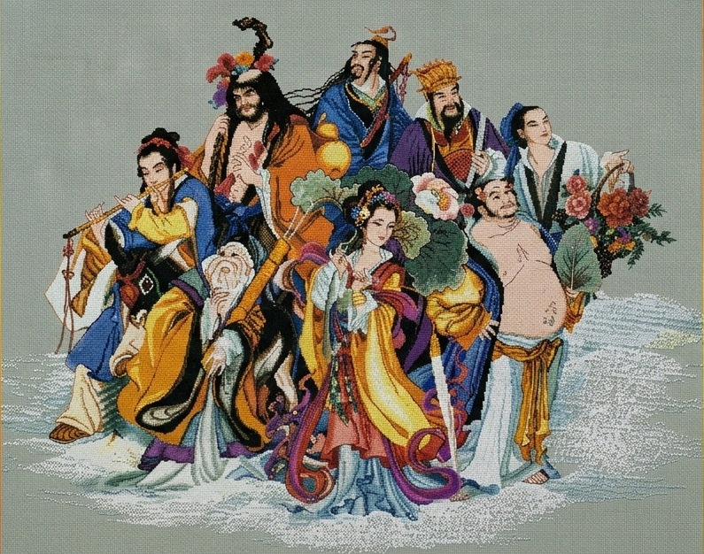 "A professional-grade, large-scale cross-stitch chart by Pinn titled 'The Eight Immortals.' The high-definition design features the legendary eight figures of Chinese mythology, each depicted with their unique artisanal symbols and traditional attire. The composition is a grand panoramic scene set against a soulful, classical background of clouds and landscapes. The chart is highly detailed, designed for a professional finish on a high-count fabric. The artwork style is traditional and sophisticated, intend