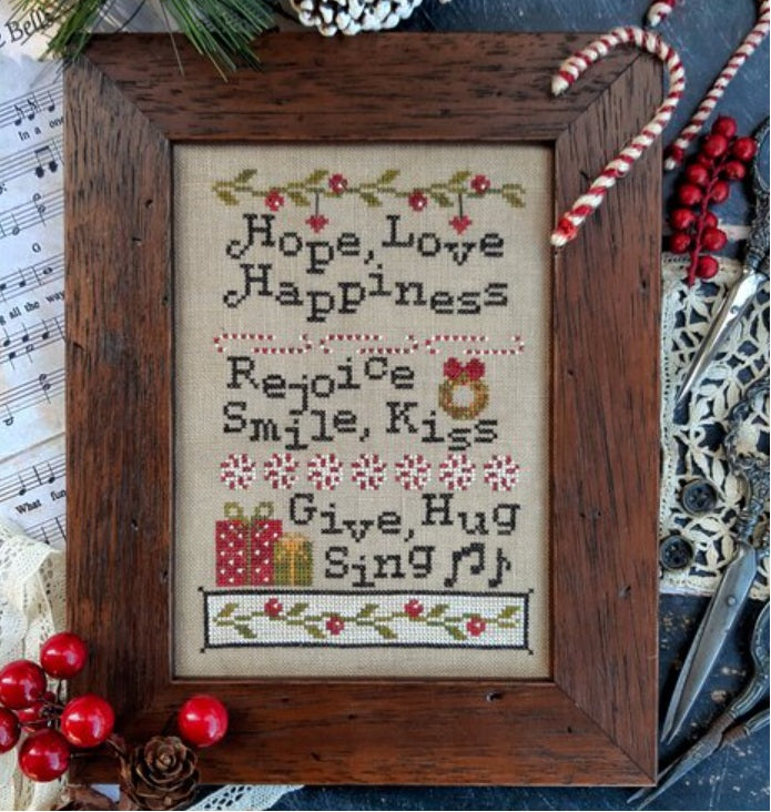 A professional-grade Christmas cross-stitch kit by Puntini titled 'Hope, Love, Happiness.' The high-definition design features the words 'Hope,' 'Love,' and 'Happiness' arranged in an artisanal, festive layout with delicate holiday accents. The aesthetic is modern and minimalist, perfect for a high-end holiday home decor project."