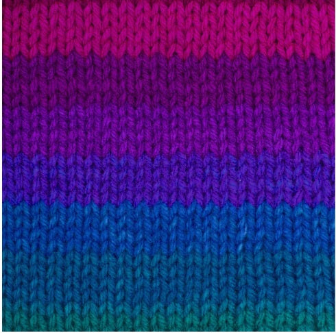 A 5oz (141g) skein of Red Heart Super Saver yarn; a machine-washable and dryable yarn perfect for long-lasting home decor and charity knitting.
Purple to blue tone yarn self striping yarn
