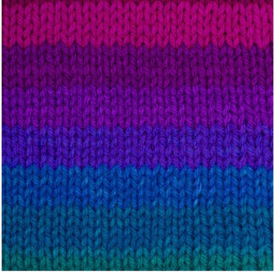 A 5oz (141g) skein of Red Heart Super Saver yarn; a machine-washable and dryable yarn perfect for long-lasting home decor and charity knitting.
Purple to blue tone yarn self striping yarn