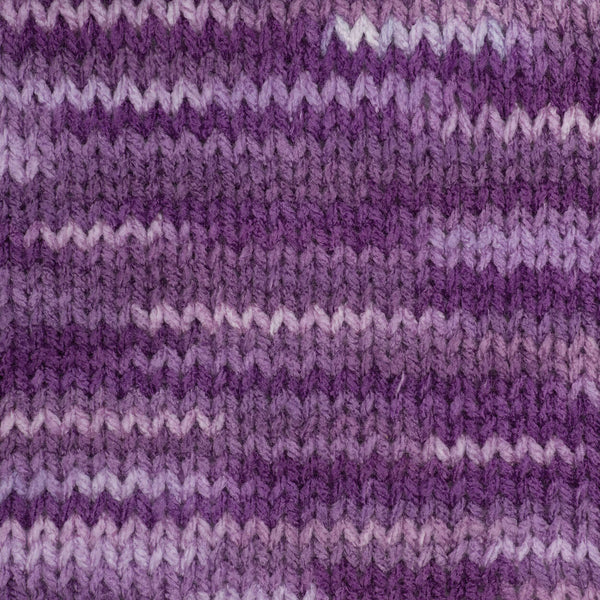A 5oz (141g) skein of Red Heart Super Saver yarn; a machine-washable and dryable yarn perfect for long-lasting home decor and charity knitting.
Variegated different purple hues colour