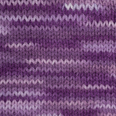 A 5oz (141g) skein of Red Heart Super Saver yarn; a machine-washable and dryable yarn perfect for long-lasting home decor and charity knitting.
Variegated different purple hues colour