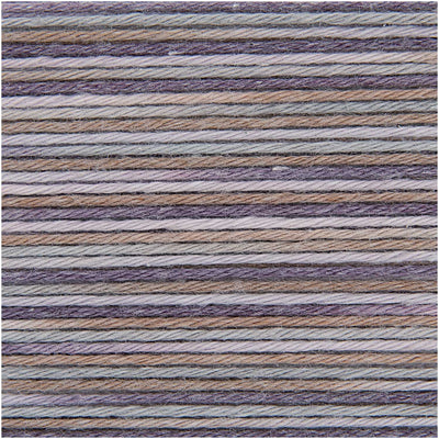 A 50g ball of Rico Baby Cotton Soft Print DK featuring a soft variegated mix of brown and lilac