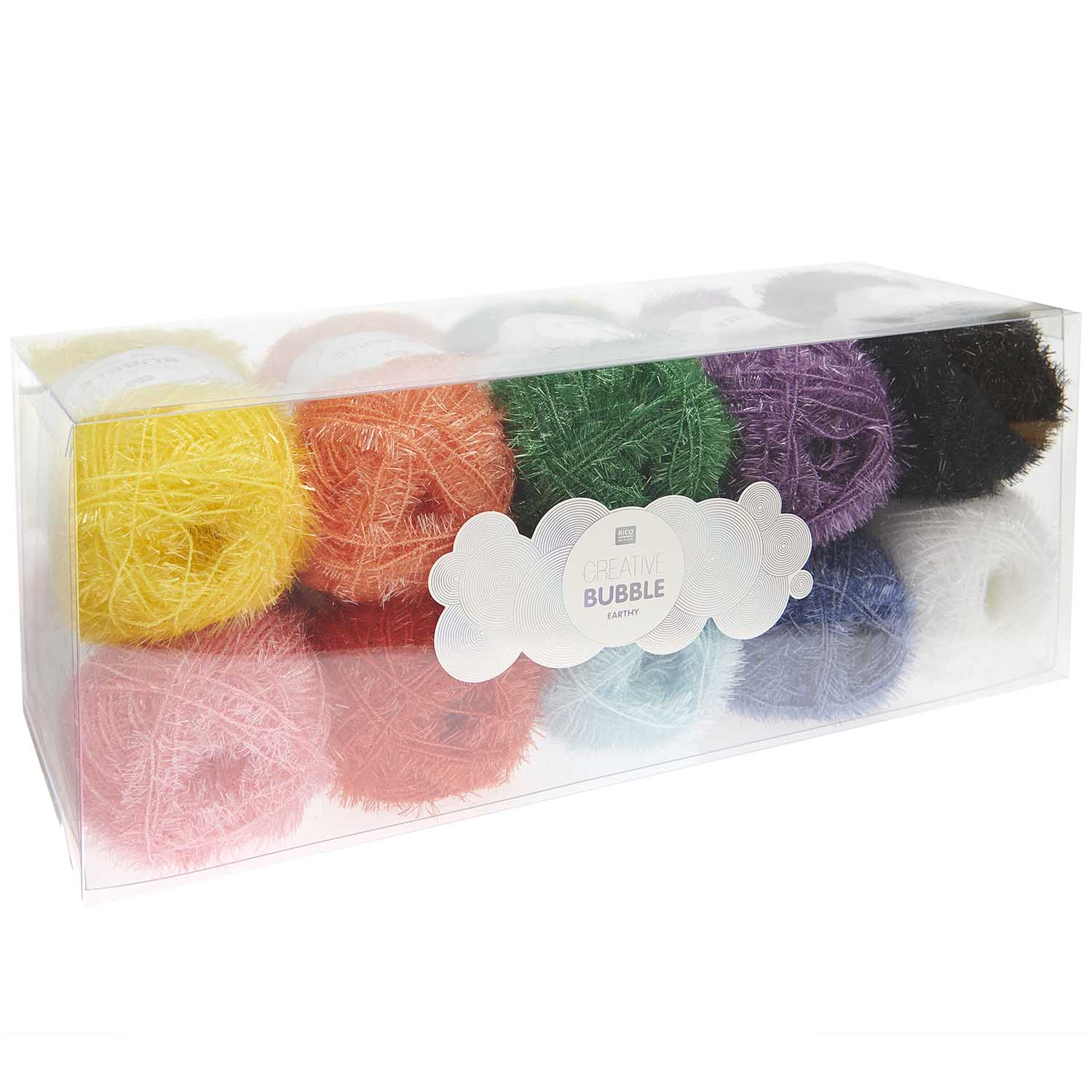 Rico Creative Bubble yarn in vibrant rainbow colors; a textured polyester scrubby yarn for crocheting fun and functional kitchen sponges.