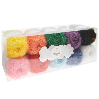 Rico Creative Bubble yarn in vibrant rainbow colors; a textured polyester scrubby yarn for crocheting fun and functional kitchen sponges.